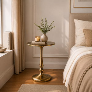 Modern <b>Round</b> Pedestal <b>Side</b> <b>Table</b> with Antique Brass Finish | Elegant Minimalist Accent End <b>Table</b> with Sculpted Column Base Sofa - Product Image 3