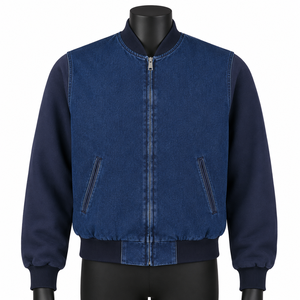 Custom Men <b>Denim</b> Varsity Jacket Zip Up Bomber Fleece Sleeve Streetwear Casual Winter Outdoor Baseball Letterman <b>Coat</b> OEM - Product Image 1