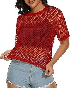 Camiseta de malla transparente sexy de moda, personalizable, informal, holgada, de encaje tejido, para mujer, camiseta de verano para la playa - Product Image 2