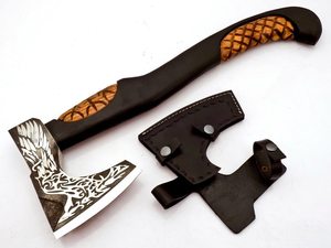 Handmade <b>Axe</b> Damascus Steel Blade <b>Wood</b> Handle With Leather Sheath Outdoor Knife - Product Image 5