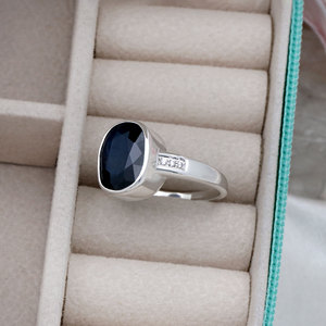 925 Sterling <b>Silver</b> Natural Blue Sapphire Gemstone <b>Ring</b> Bezel <b>Set</b> Band with cz Side Stones for Wedding Gift Everyday Wear - Product Image 6