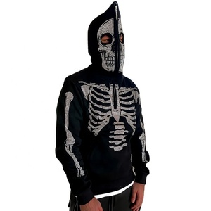 Sweat-shirt à capuche gothique pour homme avec imprimé squelette en strass, coupe oversize, manches classiques, en polyester tricoté, streetwear d'automne - Product Image 1