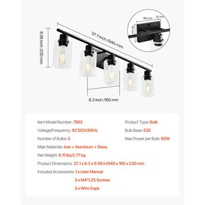 Moderna Lampada da Bagno a 5 Luci 60W, Illuminazione da Parete 37,1 Pollici con Paralume in Vetro Trasparente Sopra lo Specchio, Apparecchi di Illuminazione Moderni - Product Image 5