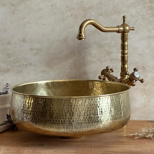 Évier de comptoir rond en laiton martelé, lavabo traditionnel en métal, durable, pour salle de bain domestique - Product Image 2