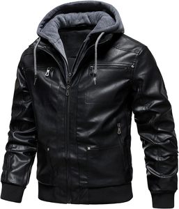Chaqueta de Motociclista para Hombre, Negra, de Cuero PU, con Capucha, Cierre Frontal, Color Sólido, Invierno, Resistente al Viento, Manga Larga - Product Image 2