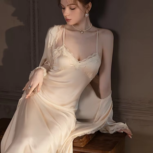 Conjunto de Dos Piezas de Lencería Sexy de Seda para Dormir, Camisón con Tirantes, Ropa de Dormir Larga de Seda para Mujer - Product Image 3