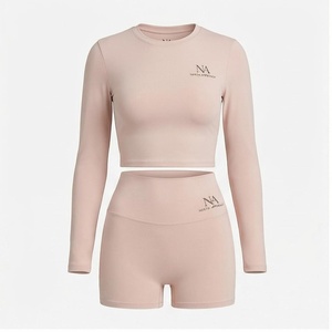 Conjunto de Yoga de 2 Piezas, Top Corto con Cuello Redondo y Manga Larga, Pantalones Cortos de Cintura Alta, Color Sólido, Sin Costuras, Elástico, Ropa Deportiva para Mujer - Product Image 2