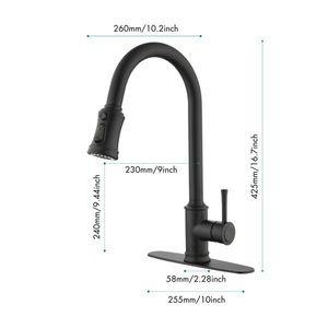 Rubinetto da cucina estraibile a braccio alto con maniglia singola in acciaio inossidabile, miscelatore lavello a leva singola con doccetta estraibile, installazione a 3 fori in ABS - Product Image 2