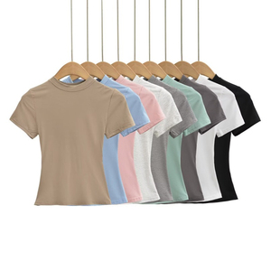 Summer New Unisex Solid Color Crew Neck Slim Fit Full Sleeve Hip Hop Knitted Breathable 100% Cotton T-Shirt - Product Image 1