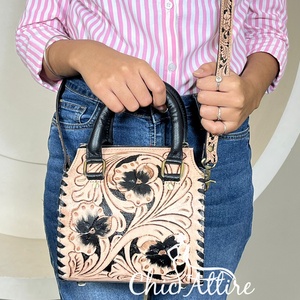 New Luxurious 2026 Floral Hand Tooled Leather Duffel Travel Bag Genuine Cowhide Leather Mini Speedy Bag for Women Crossbody Bag - Product Image 1