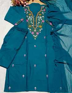 Indian Pakistani Set Cotton Embroidered <b>Kurta</b> Pant with Dupatta for Festive and Wedding Party for <b>Women</b> Wear for All Seasons - Product Image 3