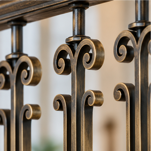 Rampe d'escalier en bronze antique avec balustrade, accents festonnés inspirés des fleurs et poteaux à embouts sphériques pour intérieurs - Product Image 4