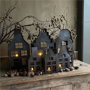 Support de bougie chauffe-plat en métal noir, motif silhouette de village, pour décoration de table de Noël, vente en gros - Product Image 3