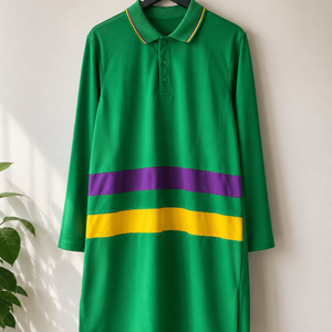 Robe polo verte pour femme, manches longues, détails à rayures contrastées, patte de boutonnage et coupe décontractée, confortable et décontractée - Product Image 2
