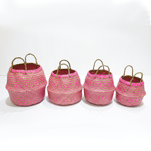 New Design Durable Circle Palm Leaf Belly <b>Basket</b> Pink Woven Eco-Friendly Storage Bin <b>Foldable</b> Plant Pot with Handle - Product Image 1