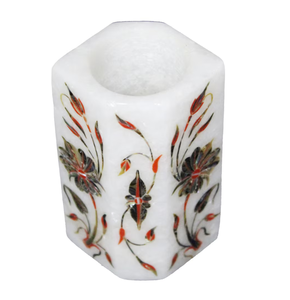 Porte-stylos en marbre blanc avec incrustation florale, organisateur de bureau à double compartiment pour usage professionnel - Product Image 4