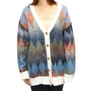 Cardigan en tricot à col en V pour femme, manches longues, motif Argyle, boutons sur le devant, vêtement décontracté d'automne, matière acrylique douce - Product Image 1