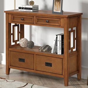 36-Inch Farmhouse <b>Pine</b> Wood Console <b>Table</b> with 4 Drawers and 1 Storage Shelf for Entryway Living Room or Bedroom - Product Image 2