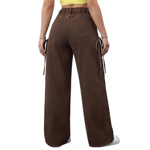 Jean large marron taille haute pour femme avec détails en dentelle sur les côtés, coupe décontractée, style streetwear, pantalon en denim tendance, séchage rapide - Product Image 2