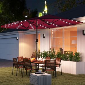 Ombrellone Bifacciale con Luci Solari LED, Raggio 2,5m, Rosso Vino, per Esterni in Cotone e Poliestere - Product Image 2