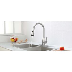Grifo de Cocina Comercial de 3 Orificios con Rociador Extraíble, 4 Modos de Rociado, Acabado Níquel Cepillado, Función de Bloqueo - Product Image 6