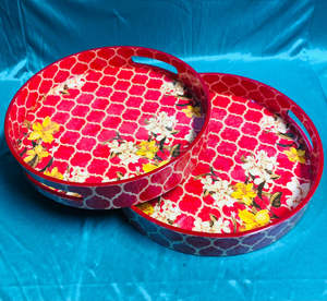 Designer indien Floral rond imprimé émail plateau de service vaisselle fête de mariage désert plateau de service plateaux en bois de luxe - Product Image 5