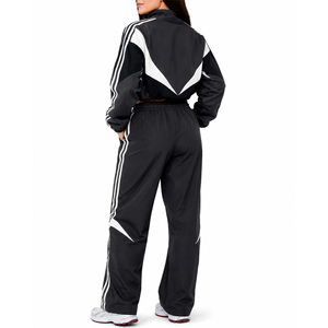 New Trendy Black White Women's Cropped Windbreaker Tracksuit Set Contrast Panel Tracksuit <b>Jacket</b> and Straight Leg Pants Hoodies - Product Image 6