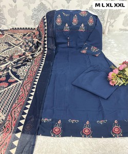 Women's Navy Blue Cotton Salwar Kameez Set Traditional Ethnic Wear Ankle-Length Regular Fit Party Quick Dry Wrinkle Free India - Product Image 3
