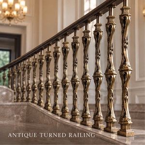 Rampe d'escalier de style antique tournée avec balustres décoratifs coniques, main courante et balustrade métalliques - Product Image 3