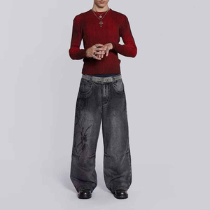 Vaqueros de mezclilla de hombre de cintura alta y pierna ancha, lavados a la piedra, con bordado a mano, estilo streetwear, de algodón, corte holgado, para otoño 2026 - Product Image 3