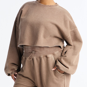 Ensemble 2 pièces en polaire pour femme, col rond, haut court délavé, pantalon large beige uni, coupe décontractée, toutes saisons, ensemble de loungewear - Product Image 4