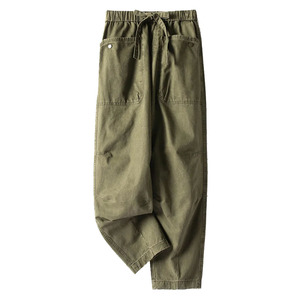 Pantalon Harem Vert Olive pour Homme, Taille Élastique avec Cordon de Serrage, Multiples Poches, Style Décontracté, Coton Canvas Mi-Lourd, Idéal pour l'Automne - Product Image 1