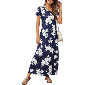 Vestido Largo Informal de Verano para Mujer, Estampado Tropical, Manga Corta, Cuello Redondo, Poliéster - Product Image 4