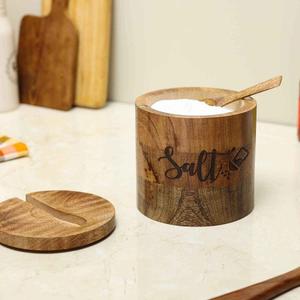 Pot à sel en bois d'acacia écologique avec couvercle et cuillère, étanche, compatible lave-vaisselle, pot rond en forme de cochon - Product Image 3