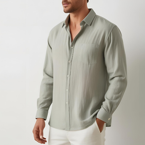 Camisa de Hombre de Verano, Transpirable, de Lino y Algodón, Satén, Informal, Antiarrugas, con un Solo Botón, Cuello Camisero, Manga Larga, Lisa - Product Image 1