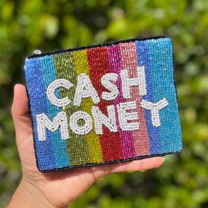 Turquoise Blue Gold Geometric Beaded Coin Purse Teal <b>White</b> Seed Bead Zippered Pouch <b>Small</b> Change Wallet - Product Image 4