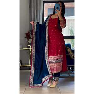 Ensemble haut et bas de créateur avec dupatta brodée, tenue de soirée en tissu chiffon - Product Image 2