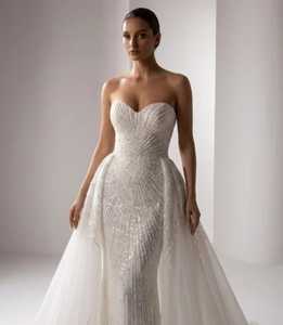 Hand Beaded Sleeveless Bridal Dress Crystal Embroidery Draped Satin <b>Skirt</b> Natural Waistline Floor-Length Sweep Train Plus Size - Product Image 2