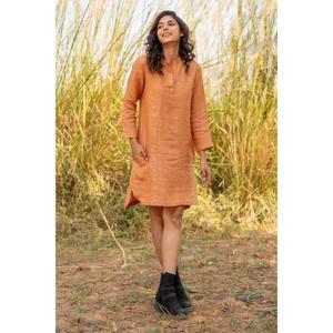 Vestido Maxi de Algodón y Lino Naranja para Mujer, Manga Larga, Estilo Casual Holgado, Estilo Étnico, Vestido Midi con Bolsillos - Product Image 4