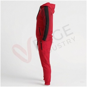 Ensemble de survêtement rouge pour homme, manches longues, capuche, fermeture éclair sur le devant, couleur unie, respirant, coupe classique, vêtements d'automne - Product Image 3