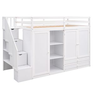 Letto a Soppalco Funzionale Bianco per Bambini con 3 Ripiani, 2 Armadi, 2 Cassetti, Scala e Spazio di Archiviazione, Senza Necessità di Rete a Doghe - Product Image 6