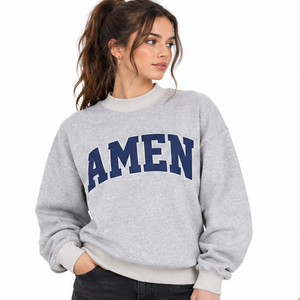 Women's Oversized Red <b>Crew</b> <b>Neck</b> <b>Sweatshirt</b> With Amen Letter Print Regular Sleeve Knitted Cotton Autumn Wear - Product Image 2