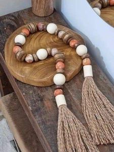 Nouvelle conception de décoration murale bohème en perles de bois et pompons, en bois naturel, pour salon, chambre, maison de campagne - Product Image 2