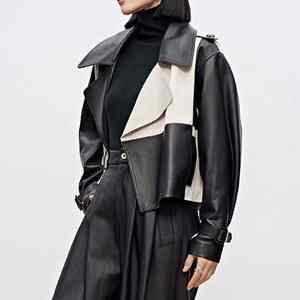 Veste en cuir courte à carreaux noir et blanc, en cuir d'agneau véritable, pour femmes - Product Image 3