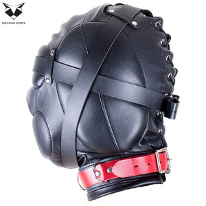 Máscara de cuero sintético acolchada profesional con capucha y cuello rojo para fiesta, disfraz de club, arnés de cabeza de cuero sintético de cara completa - Product Image 5