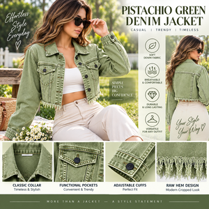 Chaqueta vaquera corta verde para mujer con dobladillo con flecos, manga larga, estilo camionero, cuello vuelto, para primavera - Product Image 6