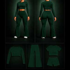 Wholesale Custom Logo 4 Piece Seamless Yoga Set Women High Waisted <b>Flare</b> <b>Leggings</b> Long Sleeve Crop Top Gym Workout Clothes - Product Image 4