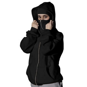 เสื้อฮู้ดดี้วินเทจแบบสวมหัวทรงหลวมสำหรับผู้ชาย สไตล์ย้อมสีเอซิด ซิปยาวคลุมหน้าแบบนินจา มีช่องสำหรับใส่แว่นตา ขายส่งแบบดรอปโชลเดอร์ - Product Image 4