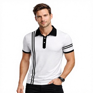 Camisa Elegante para Hombre con Estampado Personalizado de Rayas Blancas y Negras |   Camiseta de Moda de Manga Corta con Botones, Antiarrugas, para Golf y Uso Casual - Product Image 1