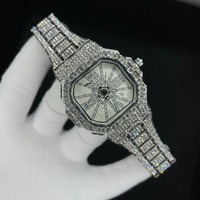 Montre de luxe unisexe en acier inoxydable avec diamants, boîtier carré, cadran analogique, mouvement à quartz, bracelet en cuir 41 mm, mode de luxe